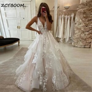 Sexy Deep V-Neck Tulle lace Appliques Tiered A-line Backless Wedding Dresses 2024 Sweep Train Bridal Gowns Vestido De Noiva