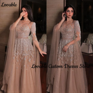 Customized فساتين سهرة 2025 A-Line Scoop Neckline Floor-Length Beadings Birthday Dresses Luxury Evening Dresses Long Sleeves