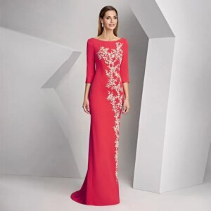 Elegant Red Wedding Guest Gowns for Women 2024 O Neck Appliques Mother of the Bride Dresses 3/4 Sleeves Evening Dress