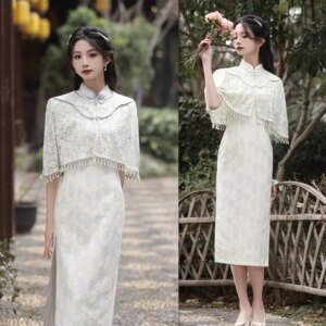 Improved Young Girl Lace Cappa Cheongsam Qi Pao Suit Spring and Summer Two-Piece