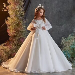 Flower Girl Dresses White Satin Appliques With Rhinestones Beads Big Bow Long Sleeve For Wedding Birthday Banquet Princess Gowns