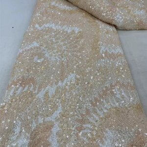 Luxury Gold Lace High Quality Fabric 2024 Latest Sequence Lace Fabric Embroidery Nigerian Lace Fabric for Wedding Dress 5Y Q66-1