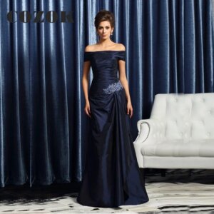 Dark Navy Elegant Modern Mother Of The Bride Dresses 2023 Off Shoulder Boat Neck Pleat Beading Wedding Guest Gown YW16