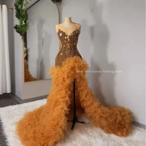 Gorgeous Ginger Mermaid Evening Gowns Elegant Crystal Beaded Applique Sexy High Split Lace Black Girls Customised vestidos