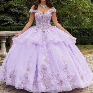 Lavender Quinceanera Dresses Off the Shoulder Sweet 16 Gowns 3D Flower Applique Beads Tull Vestidos 15 De Quinceañera