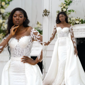 Luxury White Crew Neck Wedding Pearl Sequin Mermaid Bridal Dress Beaded Lace Long Sleeve Bridal Gown Customized Plus size 2025