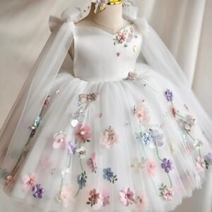 White Flower Girl Dresses Customized Feather Floral Girls Birthday Dresses Baby Toddle First Communion Dress Kids Prom Gowns