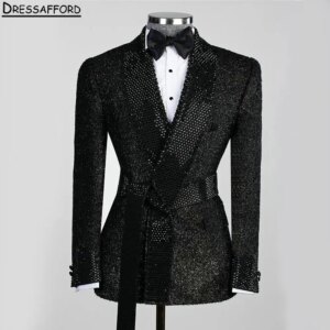 Black Groom Tuxedos Glitter Crystal Groomsmen Men’s Wedding Prom Suits For Men 2 Pieces(Jacket+Pants)