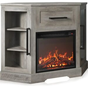 43″ Corner TV Stand W/ Electric Fireplace Heater, Corner Entertainment Center W/ Glass Door Storage Cabinets, Fireplace Tv Stand