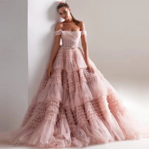 Customized Light Pink Ball Gown Evening Dresses Sweet Tulle Sweep Train Prom Dress 2023 Off Shoulder Party Dressفساتين مناسبة رس