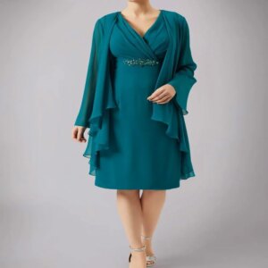 Elegant Teal Blue Mother Of The Bride Dresses Modern Knee Length Chiffon Long Sleeve Formal Wedding Guest Dress Party Customized
