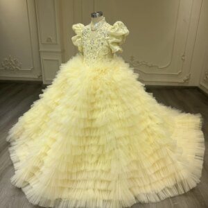 Children’s Birthday Dress Skirt Flower Girl Gown in Yellow Sky Blue And Deep Blue – Cute Festive Celebration Attire for Kids