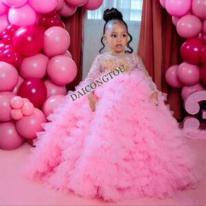 CustomizedLayered Flower Girl Dress Elegant Tulle Gem Sequin Long Sleeve Fluffy Princess Kids Birthday Gift Ball First Communion