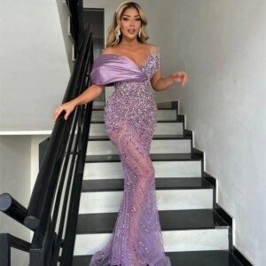 Dubai Design Purple Beading Prom Dress Elegant Off Shoulder Pearls Celebrity Evening Wear Arabic Coutures Wedding Party Dresses