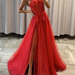 Customized Exquisite Tulle A-Line Spaghetti Straps Sequined Evening Dresses Strapless Sleeveless Panel Train Red Prom