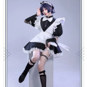Anime Wanderer Scaramouche Maid Uniform Genshin Impact Cosplay Costume Black Lolita Short Sleeve Maid Dress with Ruffle Apron