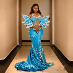 2025 New Mermaid Sexy Evening Dresses African Wmen Prom Dress Unique Design Lace Appliques Crystals Luxury Corset Back Formal