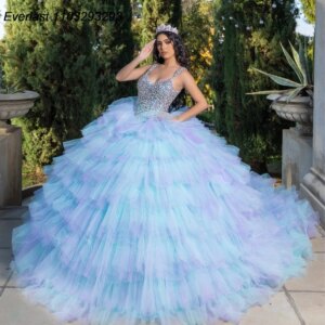 EVLAST Customized 2025 Blue Quinceanera Dress Ball Gown Ruffles Applique Beaded Crystal Tiered Sweet 16 Vestido De 15 Anos E1Q18