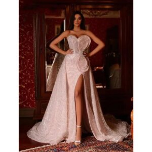Gorgeous Evening Dresses Sweetheart Floor Length Side Split Bow Shiny Sleeveless Detachable Trumpet Women Banquet Wedding Gowns