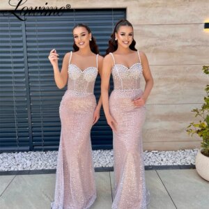 Pearl Spaghetti Straps Wedding Party Dress Long Bridesmaid Dresses Vestidos De Noche 2024 Mermaid Beaded Arabic Evening Gowns
