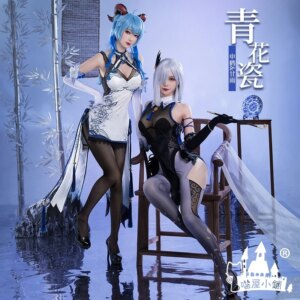COS-HoHo Anime Genshin Impact Ganyu Shenhe Celadon Porcelain Cheongsam Cosplay Costume Sexy Dress Uniform Halloween Party Outfit