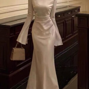 FLORINE TULIRAIN O-neck Sheath Zipper Up Satin White Knee-length Simple Wedding Evening Dress Cocktail Prom Gown For Sexy Women