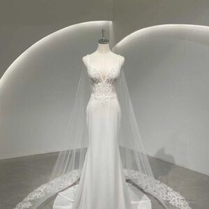 Royal Muse V-neck Strapless Elegant Wedding Dress With Heavy Lace Appliques  Mermaid Wedding Dress  With Cape Train Bridal Dress