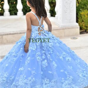 CustomizedSapphire Blue Sleeveless Flower Girl Dress: Elegant Tulle Skirt & Lace Applique | First Communion, Wedding, Princess B