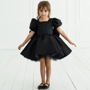 Customized Flower Girl Dresses Black Satin Tulle Puffy With Bow Short Sleeve For Wedding Birthday Prom Holy Communion Gowns