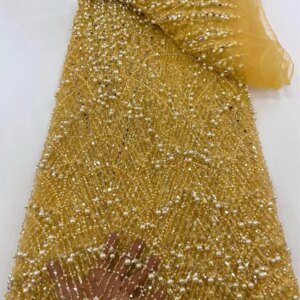 High Quality Yellow African Sequins Tulle Embroidered Groom Lace Fabric Beaded Sequins Lace Fabric for Nigerian Wedding Q408-1