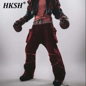 HKSH Autumn Winter New Men’s Tide Punk Ankela Red Loose Double Waist Hairy Hemp Horseshoe Legs Casual Boxer Cargo Pants HK3352