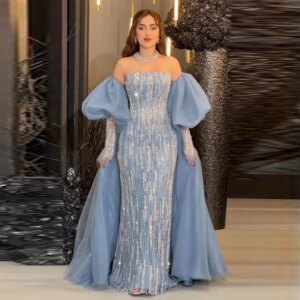 Sparkly Off Shoulder Evening Dress Luxury Dubai Puffy Sleeve Sequin Floor Length Mermaid Prom Gown Blue Formal Party Custom Made