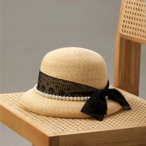 Elegant dome basin hat women’s Hepburn wind lace Pearl little fragrant demeanor fake visor