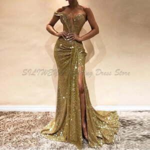Sexy Gold Mermaid Evening Dresses Long High Side Split Sparkly Sequins Prom Party Gowns Deep V Neck One Off Shoulder Glitter