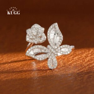 KUGG 100% 18K White Gold Rings Real Natural Diamond Engagement Ring Romantic Rose&Butterfly Shape High Party Jewelry for Women