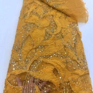 Yellow Lace Fabric 2025 High Quality Lace 5 Yards African Sequence Lace Fabric Embroidery Beaded Fabric for Wedding Dress Q268-1