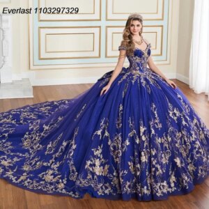 EVLAST Customized Navy Blue Quinceanera Dress Ball Gown Gold Lace Applique Beaded Bow Corset Sweet 16 Vestidos De 15 Anos TQD848