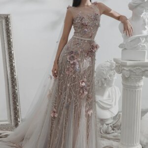 Delicate Glitter 3D Flowers Evening Dress Romantic Beaded Formal Party Prom Gown Chic A Line Customized Special Occasions Wear