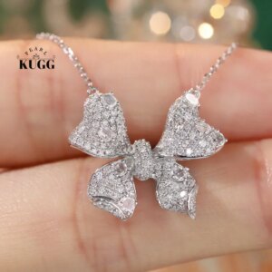 KUGG 100% 18K White Gold Necklace Luxury Bowknot Design 0.80carat Real Natural Diamond Pendant Necklace for Women Senior Banquet