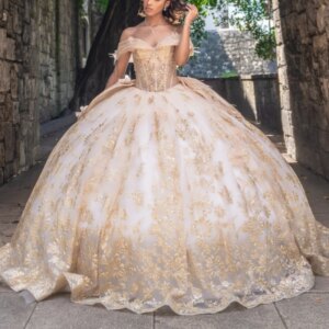 Champagne Quinceanera Dresses Ball Gown Off The Shoulder Sequin Applique Flower Beading Bow Tull Party Birthday Sweet 16 Dress