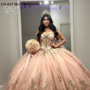 EVLAST Customized Princess Blush Pink Quinceanera Dress Ball Gown Gold Lace Applique Beading Sweet 16 Vestido De 15 Anos E1Q180