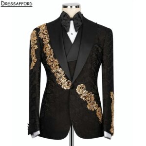 Black Jacquard Men Business Gold Beading Formal Occasion Tuxedos Grooms Wedding Party Prom Male Suit 2 Piece Set Blazer Pants