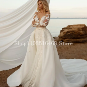 Customized Luxury Mermaid WeddingDress Elegant White Long Sleeve Applique Lace Up With Side Train Formal Wedding Robes de soirée