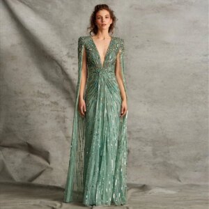 Elegant V-neck uxury Dubai Green Evening Dresses With Cape Fuchsia Crystal Gold Women Wedding Party Gowns Customized فساتين سهرة