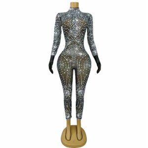 Waixingren Luxury Sparkly Silver Crystals Black Sheer Mesh Jumpsuit Festival Party Nightclub Outfit Sexy Women Tight Jumpsuit
