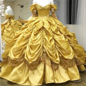 Gold Quinceanera Dresses Off The Shoulder Princess Taffeta gothic Ball Gown Ruffles Skirt Sweet beast princess Prom Dresses