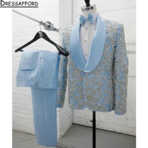 Light Blue Luxury Beading Crystal Men Suits 2 Piece New Fashion Business Casual Wear Party Wedding Groom Tuxedo Jacket And Pants