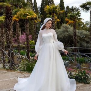 Customized Elegant High Neck Full Sleeves Chiffion Wedding Dresses 2025 Court Train Floor Length Bridal Gowns Vestido De Noiva