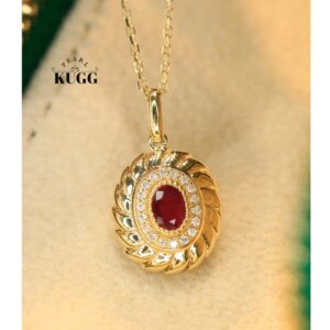 KUGG 100% 18K Yellow Gold Necklace Shiny Diamond Natural Ruby Necklace Vintage Style High Gemstone Jewelry for Women