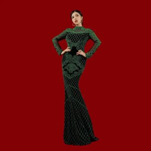 Bai Sha Formal Occasions Dress For Women Heavy Beaded Stand-Up Collar Party Show Performance Golden Velvet Evening Gown 926